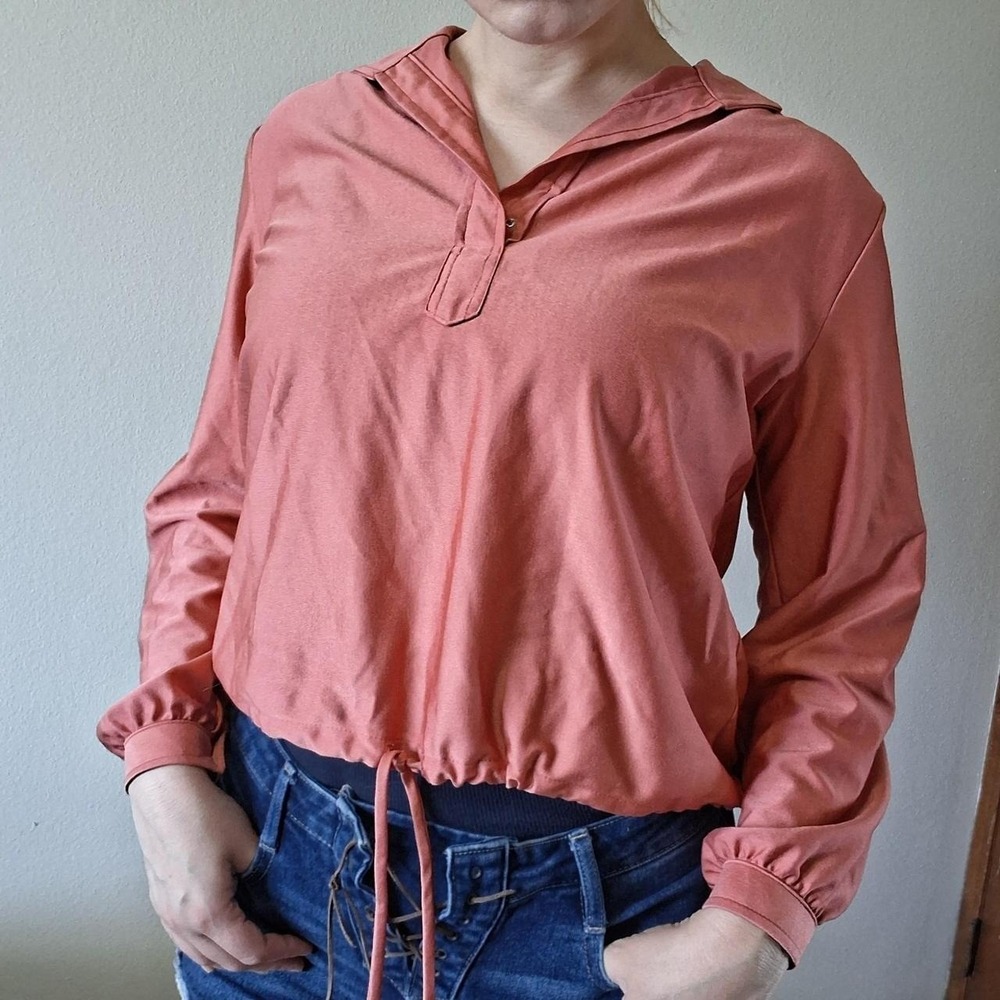 Vintage 70s Salmon Pink Drawstring Collared Pullover S M